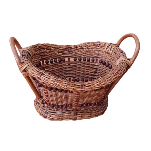 Phillipines Other - Vintage Handwoven Willow Beaded Basket | Circa 1970 | Oval